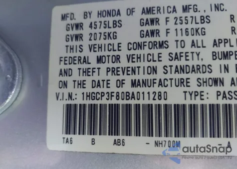 2011 Honda Accord 3.5 Ex-L z USA, uszkodzony, nr VIN 1HGCP3F80BA011280